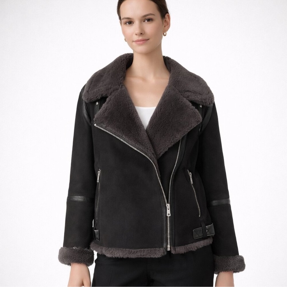 Zara Black Faux Shearling Moto Jacket